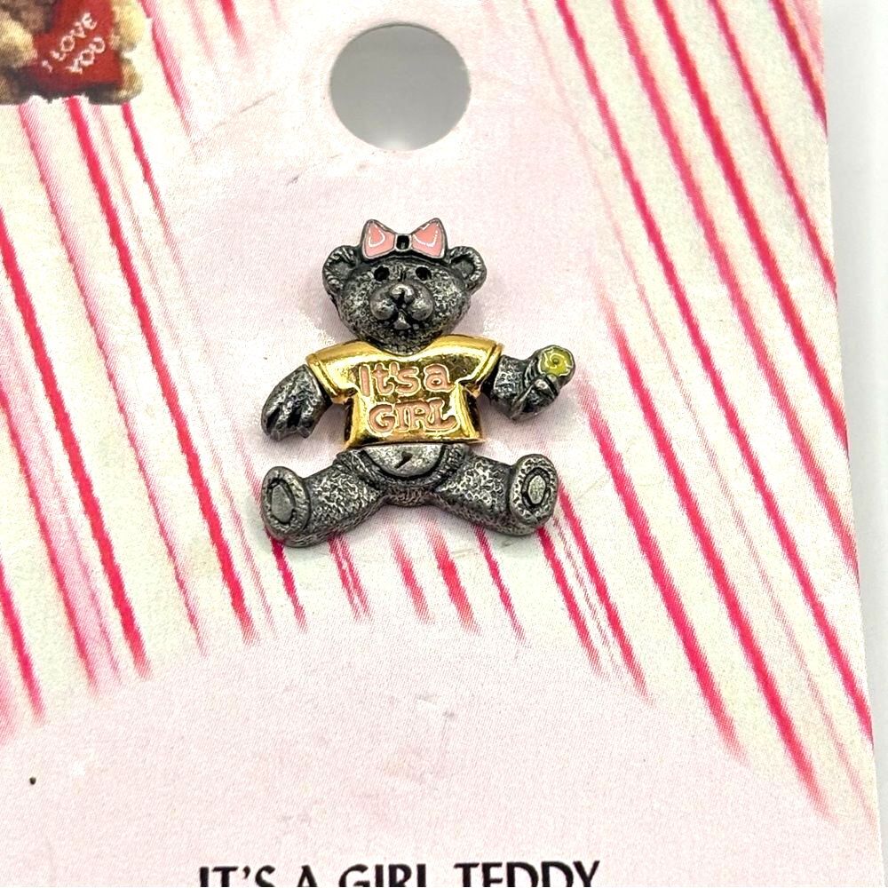 Cute Teddy Bear It’s a Girl Lapel Shirt Pin Brooch with Pink Bow